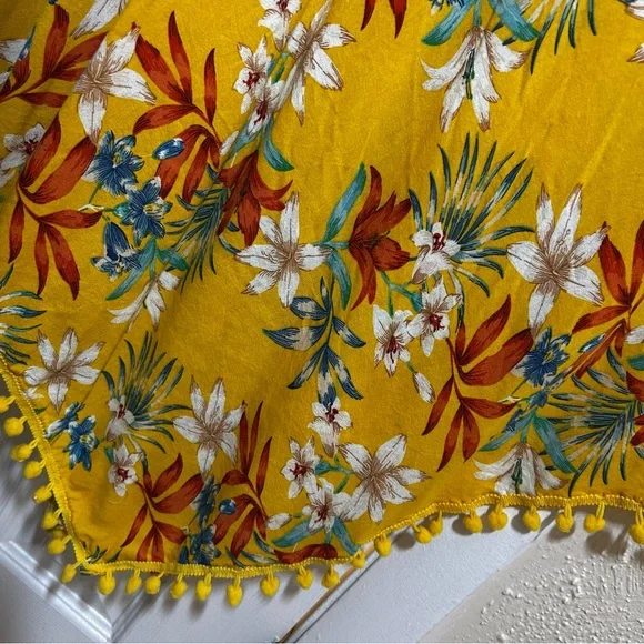 Goa Beachwear Japna Sz Large Tropical Floral Cover Up Dress Pom Pom Hem Yellow - Picture 11 of 12